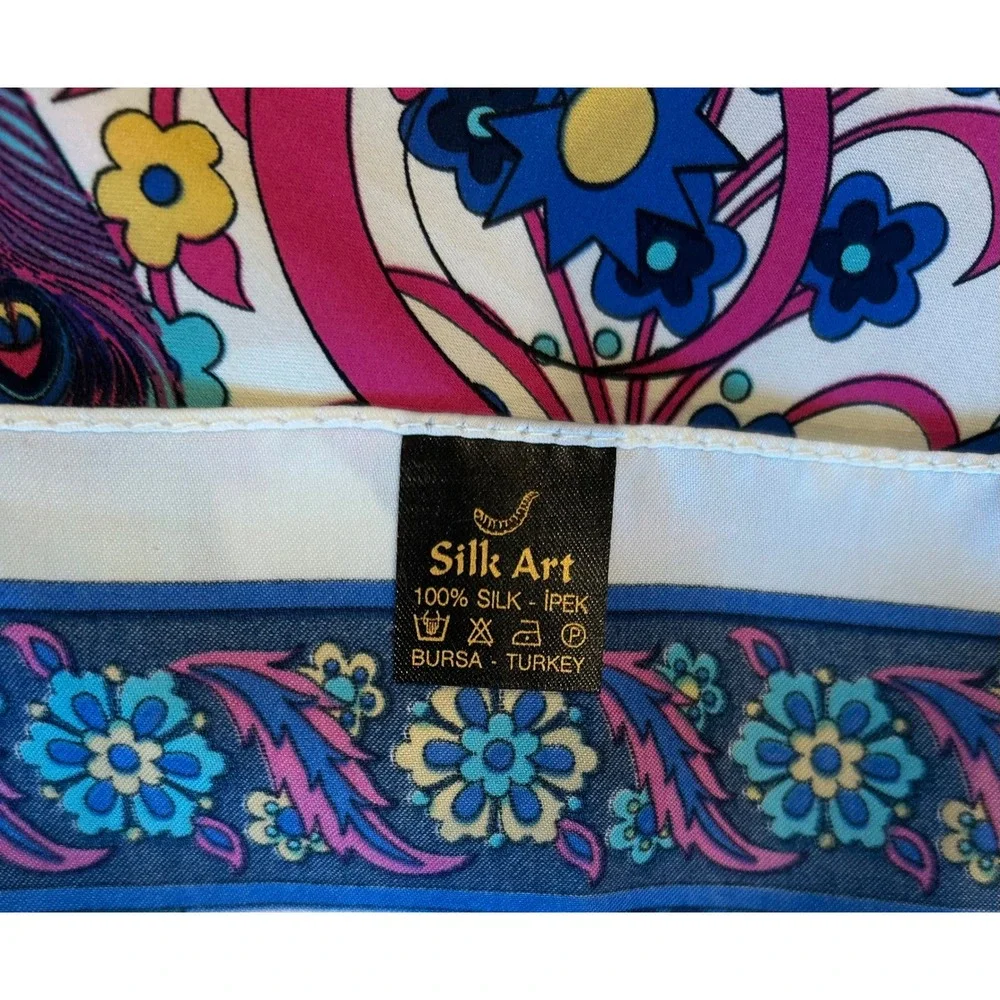 Silk Art Bursa Turkey 100% Silk Peacock Floral Rectangle Large Scarf Wrap 22x62